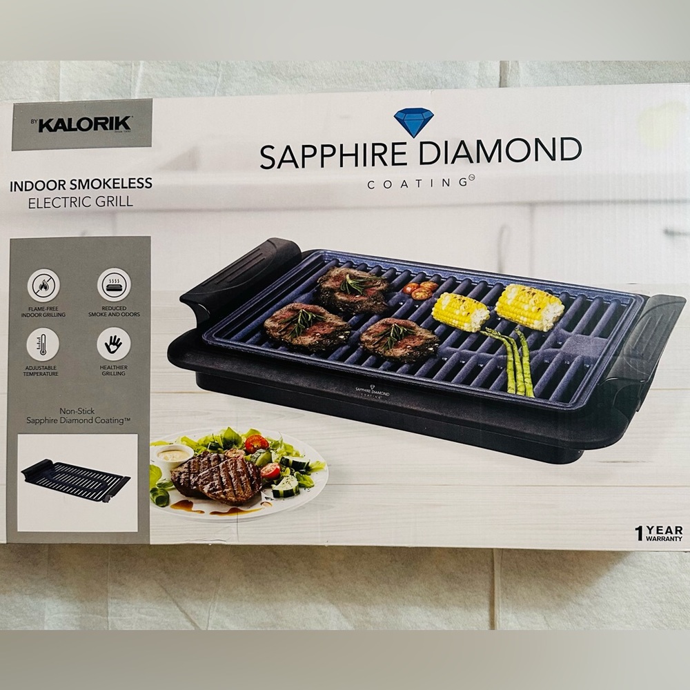 Kalorik Indoor Smokeless Electric Grill Sapphire Diamond Coating, New in Box